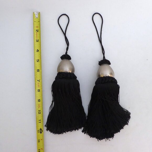13” DECORATIVE ACCENT BLACK TASSEL STAINLESS SILVER METAL TOPPED CORD TASSEL SET - Picture 2 of 9